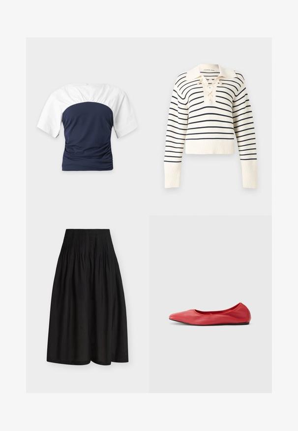 Pull crème à manches longues avec de fines rayures horizontales noires, un col large et un détail de laçage au niveau de l'encolure.; Chemise à manches courtes avec manches blanches et corsage bleu marine ajusté, vue de dos sur un fond clair uni.; Jupe midi noire avec une large ceinture smockée haute et un tissu fluide et froncé sous la taille.; Filippa K REY FLATS - Ballerines - bright red