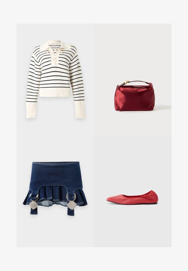 Pull crème à manches longues avec de fines rayures horizontales noires, un col large et un détail de laçage au niveau de l'encolure.; Jupe en denim à ourlet évasé. Elle présente deux fermetures ajustables grises, une couleur bleu foncé et des détails de couture contrastants le long de l'ourlet.; Filippa K REY FLATS - Ballerines - bright red; Trousse de maquillage en satin bourgogne de forme rectangulaire, avec fermeture éclair et une poignée courte. Présente un design minimaliste et une texture lisse.