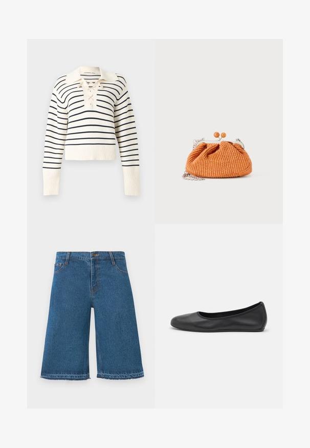 Roomkleurige trui met lange mouwen met smalle zwarte horizontale strepen, een brede kraag en een vetersluiting aan de halslijn.; Blauwe denim knielange shorts met rafelige zomen, knop aan de voorkant en zakken op een effen witte achtergrond.; Zwarte leren ballerina met een ronde neus, gladde textuur, minimale stikdetails en een flexibele zoolontwerp.; Kleine oranje geweven clutch met zilverkleurig metalen frame, ronde sluiting en een zilveren kettingriem op een witte achtergrond.