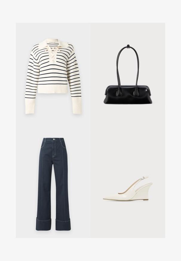 Pull crème à manches longues avec de fines rayures horizontales noires, un col large et un détail de laçage au niveau de l'encolure.; Jean large bleu foncé en denim, avec des coutures blanches contrastantes et un ourlet replié. Taille haute avec deux poches avant.; Chaussure compensée blanche en cuir verni avec bout pointu et bride ajustable à boucle sur fond uni.; Sac à main en cuir noir avec deux poignées allongées, une texture lisse et une base arrondie, ornée d'accents décoratifs sur les côtés.