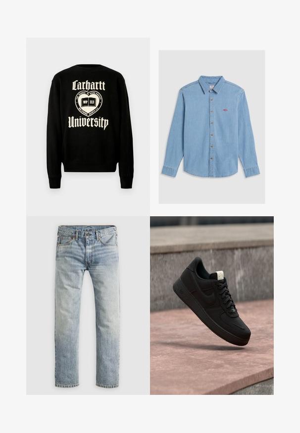 Zwarte sweatshirt met witte tekst "Carhartt University" en een embleemontwerp met een open boek, wat een casual stijl aangeeft.; Lichtblauwe denim shirt met lange mouwen, knoopsluiting aan de voorkant en een puntige kraag. Bevat bruine knopen en een kleine rode logopatch.; Lichtblauwe denim jeans met rechte pijpen, met knoopsluiting, voorzakken en riemlussen, plat weergegeven op witte achtergrond.; Zwarte Nike Air Force 1 sneaker die boven een roze betonnen richel zweeft met een grijze stenen achtergrond, met zij- en bovenzijde details.