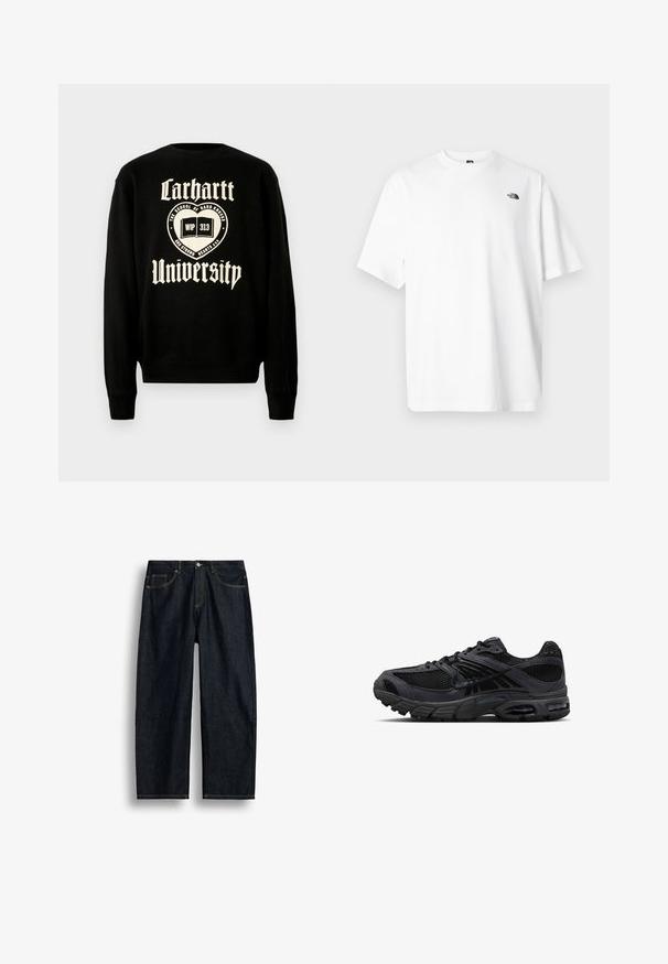 Sweatshirt noir avec un texte blanc qui indique "Carhartt University" et un motif d'emblème avec un livre ouvert, indiquant un style décontracté.; T-shirt en coton blanc à manches courtes, col en V, avec un petit logo noir sur le côté supérieur gauche. Texture douce, coupe décontractée.; Jean en denim bleu foncé à coupe droite avec couture jaune, poches avant et fermeture par bouton à la taille.; Chaussure de course Nike noire et gris foncé avec tissu en mesh, empiècements en daim, semelle amortie et unités d'air visibles au talon et à l'avant-pied.