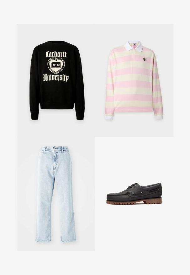 Sudadera negra con texto blanco que dice "Carhartt University" y un diseño de emblema con un libro abierto, indicando un estilo casual.; Polo de manga larga con anchas rayas horizontales rosas y crema, cuello y puños blancos, y un pequeño logo bordado en colores en el pecho.; Jeans de mezclilla azul claro con corte recto, que presentan una cintura alta, cinco bolsillos y un cierre de botón. Textura deslavada en toda su superficie.; Zapato náutico de cuero negro con detalles de cordones, puntera redonda, suela de goma marrón texturizada y lados de cuero cosidos.