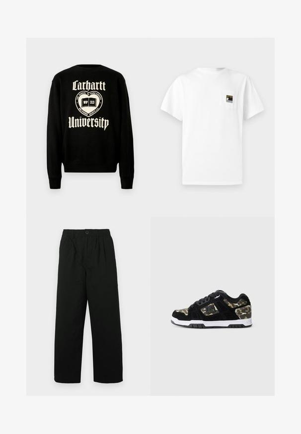 Sudadera negra con texto blanco que dice "Carhartt University" y un diseño de emblema con un libro abierto, indicando un estilo casual.; Camiseta blanca de algodón con mangas cortas y un bolsillo en el pecho que presenta un logo de montaña en negro y dorado. Diseño sencillo y sin adornos.; Pantalones anchos negros con cintura elástica y cierre de botón. Hechos de una tela suave, presentan una textura sutil y sin patrones.; Zapatilla de ante negra con patrón de camuflaje en el lateral, media suela blanca y suela exterior de goma negra. Presenta cordones y detalle del logo en el lateral.