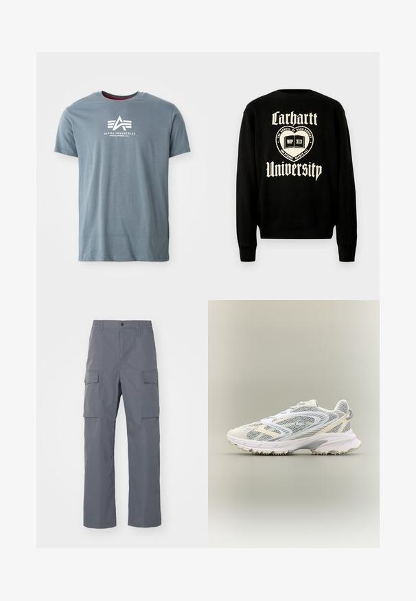 Sudadera negra con texto blanco que dice "Carhartt University" y un diseño de emblema con un libro abierto, indicando un estilo casual.; Camiseta de algodón gris con cuello redondo y mangas cortas. En el frontal se muestra un logo blanco con un diseño triangular y texto.; Pantalones cargo grises hechos de una tela duradera. Las características incluyen una cinturilla elástica, dos grandes bolsillos laterales y un corte recto.; Zapatilla deportiva blanca con paneles de malla gris, superposiciones texturizadas, un collar acolchado y una suela de goma con pequeños picos de tracción.