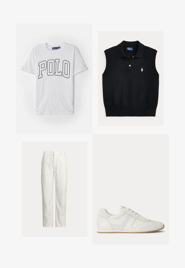 Schwarzer ärmelloser Polopullover aus strukturiertem Strickstoff mit geripptem Kragen, ausgestattet mit einer Zweiknopfblende und einem weißen gestickten Logo.; Weißes Baumwoll-T-Shirt mit einem schwarzen Umrissdruck des Wortes "POLO" auf der Vorderseite, kurzen Ärmeln und einem Rundhalsausschnitt.; Weiße Hose mit geradem Bein, großen aufgesetzten Taschen vorne, Gürtelschlaufen und Knopfverschluss in der Taille.; Weißer Sneaker mit niedrigem Schaft, Schnürung vorne, Velours- und Lederpaneelen sowie einer hellbraunen Gummisohle auf weißem Hintergrund.