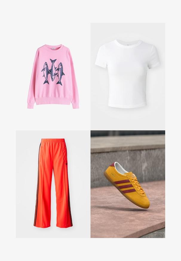 Lyserød sweatshirt med tre marineblå fiskeillustrationer på forsiden. Den har rund halsudskæring samt ribstrikkede ærmeafslutninger og kant. Blød stofstruktur.; Simpel hvid kortærmet cropped t-shirt med rund halsudskæring, præsenteret på en neutral lys baggrund.; Lyse orange atletiske bukser med et bredt ben-design, har sorte sidelagner og en elastisk talje. Inkluderer en lynlåslomme.; Gul ruskindssneaker med røde striber, flad sål og polstret krave; har snørelukning og mærketag.