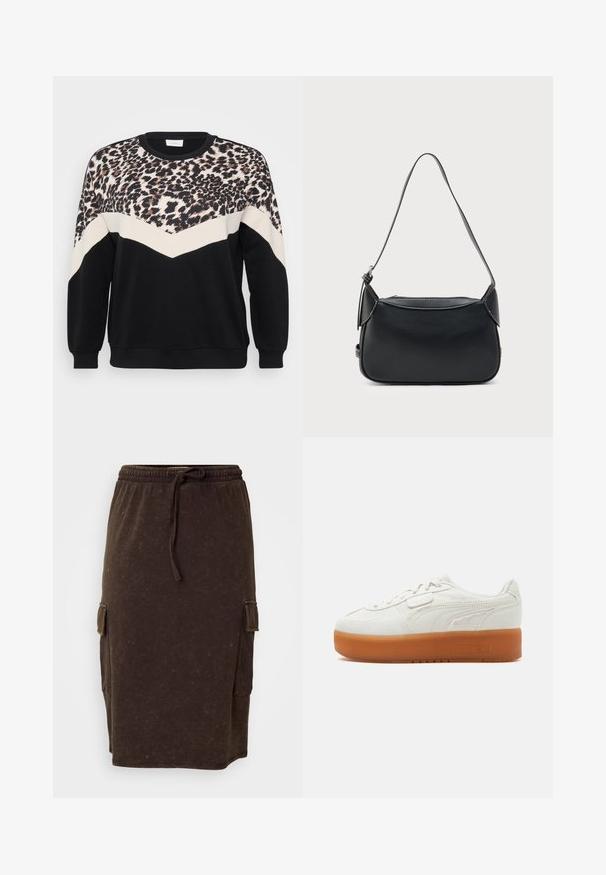 Sort sweatshirt med leopardprint-design over skuldrene, samt et farveblokket mønster i creme og sort chevron foran.; Brun bomuldsblandings midi-nederdel med elastisk talje og snor. Sidelommer i cargo-stil og en afslappet pasform. Diskret tekstur.; Hvid lavsko med tyk brun gummisål, syningsdetaljer på siden og snørelukning med lille velcrostykke.; Sort skuldertaske i læder med en glat tekstur, rundet form og en tynd strop. Har lynlås og minimal hardware-detaljer.