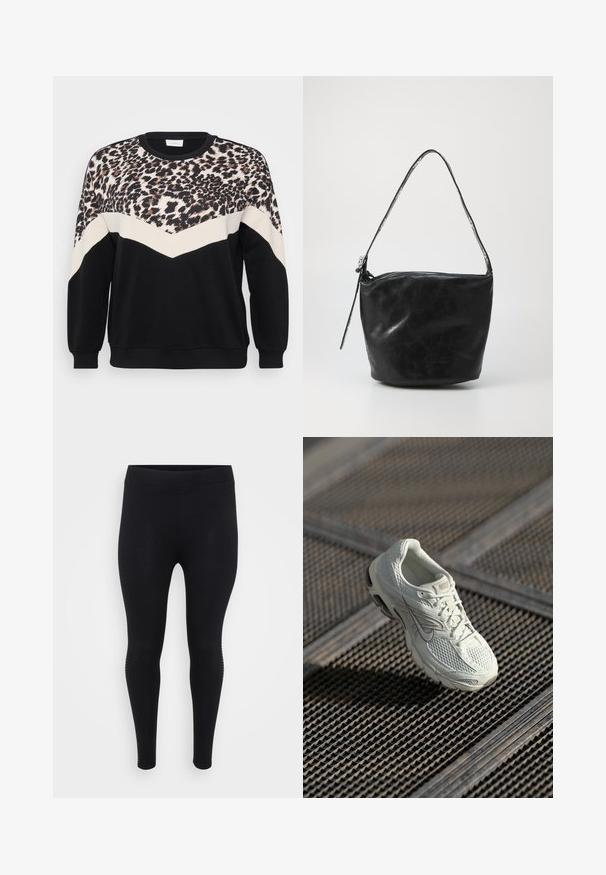 Zwart sweatshirt met een luipaardprintdesign op de schouders, voorzien van een kleurgeblocte crème en zwarte chevronpatroon aan de voorkant.; Zwarte leggings met een gladde textuur, hoge taille en een aansluitende pasvorm. Bevat subtiele zijdetails langs de naden.; Witte Nike hardloopschoen met bovenwerk van mesh en synthetisch materiaal, rustend op een metalen roostervloer in zacht natuurlijk licht.; Zwarte leren schoudertas met een gladde textuur, een ritsluiting en een lange, ronde handgreep. De tas heeft een slouchy, ongestructureerde vorm.