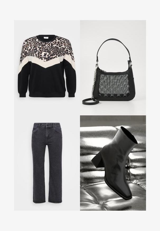 Sort sweatshirt med leopardprint-design over skuldrene, samt et farveblokket mønster i creme og sort chevron foran.; Sorte denim jeans med lige ben design, fem lommer og knaplukning. Stoffet har en let falmet tekstur og robust syning.; Sorte ankelstøvler lavet af glossy materiale med firkantet tå og spidse hæle, sat mod en skinnende sølv tuftet baggrund.; Sort håndtaske lavet af læder med et tekstureret gråt mønster og perlede accenter, der har en kæde og justerbar rem.