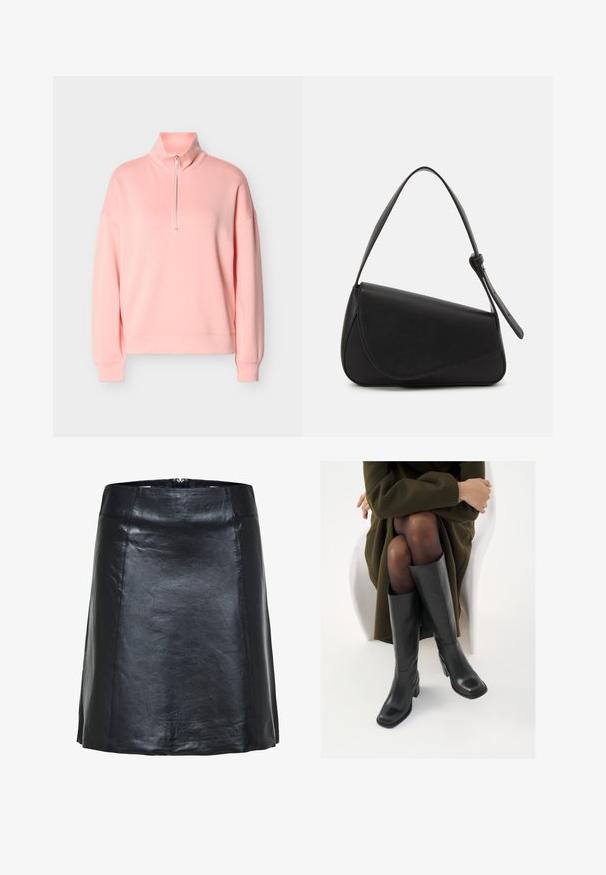 Lichtroze pullover met lange mouwen, een kwart rits aan de voorkant en een opstaande kraag, voorzien van geribbelde manchetten en een losse pasvorm.; Zwarte leren A-lijn rok met zichtbare stiksels en een lichte glans, met een hoge taille en een korte zoom.; Knieschijf hoge zwarte leren laarzen met een vierkante neus en blokhak, getoond met een model dat zit in een olijfgroene jas. Gladde textuur, minimale details.; Zwart leren handtas met een driehoekige vorm, schuine klep en een ronde handgreep. Heeft een gladde textuur en minimalistische ontwerpelementen.