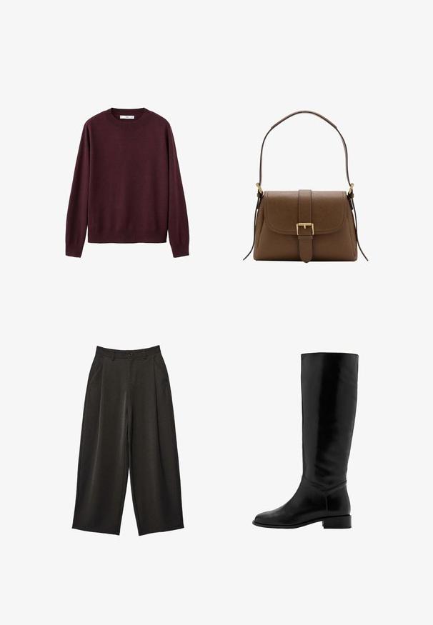 Pull en maille bordeaux avec col rond, manches longues, poignets et ourlet côtelés. Texture lisse, design minimaliste, sans motifs ni ornements.; Pantalon à jambes larges en tissu gris foncé, présentant une texture lisse, des plis à l'avant, des poches latérales inclinées et une fermeture à bouton à la taille.; Botte noire en cuir, montante jusqu'au genou, avec une texture lisse, un bout rond, un petit talon et un design minimaliste. Elle présente une tige ajustée et des accents cousus.; Sac à bandoulière en cuir marron avec rabat avant et boucle dorée, disposant d'une bandoulière réglable avec ferrures dorées sur fond blanc.