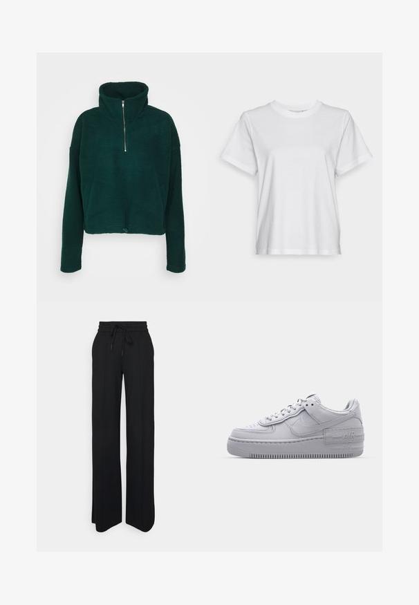 Noisy May NMCOZY LEA ZIPPER - Fleece trui - ponderosa pine; Witte katoenen t-shirt met korte mouwen, ronde hals en een ontspannen pasvorm. Soepele textuur, zonder patroontjes of graphics, basisontwerp.; Zwarte wijde pijpen broek gemaakt van zachte stof. Heeft een elastische tailleband met trekkoord, strakke lijnen en geen zichtbare patronen of accenten.; Grijze Nike Air Force 1 sneaker met geperforeerde neus, glad leren bovenwerk, dikke zool en verhoogde 'AIR' details op de hiel.