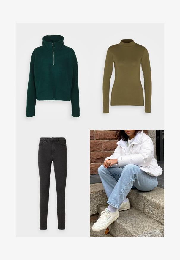 Noisy May NMCOZY LEA ZIPPER - Fleece trui - ponderosa pine; JDY Longsleeve - kalamata; Zwarte skinny jeans van denim, met een hoge tailleband, vijf zakken en een subtiele textuur. Machinewasbaar met een ritssluiting.; Witte pufferjack met een hoge kraag, lichtblauwe denim jeans en witte Reebok sneakers. Geïntegreerde stenen trappen op de achtergrond.
