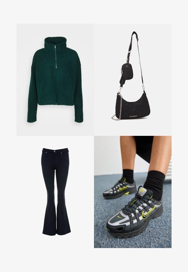 Noisy May NMCOZY LEA ZIPPER - Fleecetrøjer - ponderosa pine; Udstoppede mørkeblå jeans lavet af denim, med høj talje, fem-lomme design og knaplukning med sølv nitter.; Sorte og grå atletiske sko med refleksive sølvdetaljer, teksturerede mesh-paneler og lysegule detaljer. Snørebåndsdesign med struktureret sål.; Sort nylon skuldertaske med en buet form, sølvfarvet kædeaccent, aftagelig mini-pung og justerbar rem; prydet med "Steve Madden" logo.