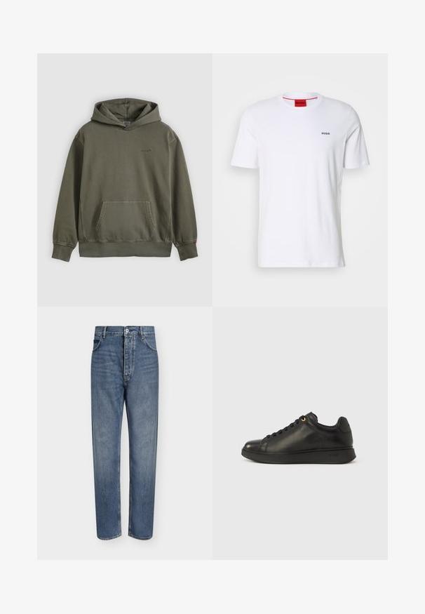 Olijfgroene hoodie gemaakt van een katoenmix, met een buidelzak, een capuchon met trekkoord en geribbelde boorden en zoom.; Witte katoenen t-shirt met korte mouwen, een ronde halslijn en een klein zwart "HUGO" logo op de linkerkant van de borst. Voorzien van een rood etiket aan de binnenkant van de hals.; Blauwe denim jeans met rechte pijpen, hoge taille, knoopsluiting aan de voorkant en vijfzakkenontwerp op een effen lichte achtergrond.; Zwarte leren lage sneaker met zwarte zool, zwarte veters en een gouden veteroogje bij de bovenkant, zijaanzicht.