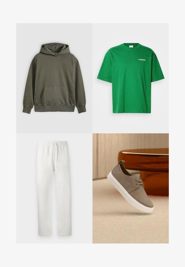 Sweat à capuche vert olive en tissu mélangé de coton, avec une poche kangourou, une capuche avec cordon de serrage, et des poignets et un ourlet en côte.; T-shirt en coton vert avec une coupe décontractée, des manches courtes et un col rond. Présente un petit logo blanc sur le devant.; Pantalons de sport blancs en tissu doux, dotés d'une taille élastique avec cordon de serrage, de jambes droites et sans motifs ni accents visibles.; Baskets en daim taupe à lacets avec semelle blanche flottant au-dessus d'un tapis beige, à côté d'un meuble arrondi brillant de couleur marron.