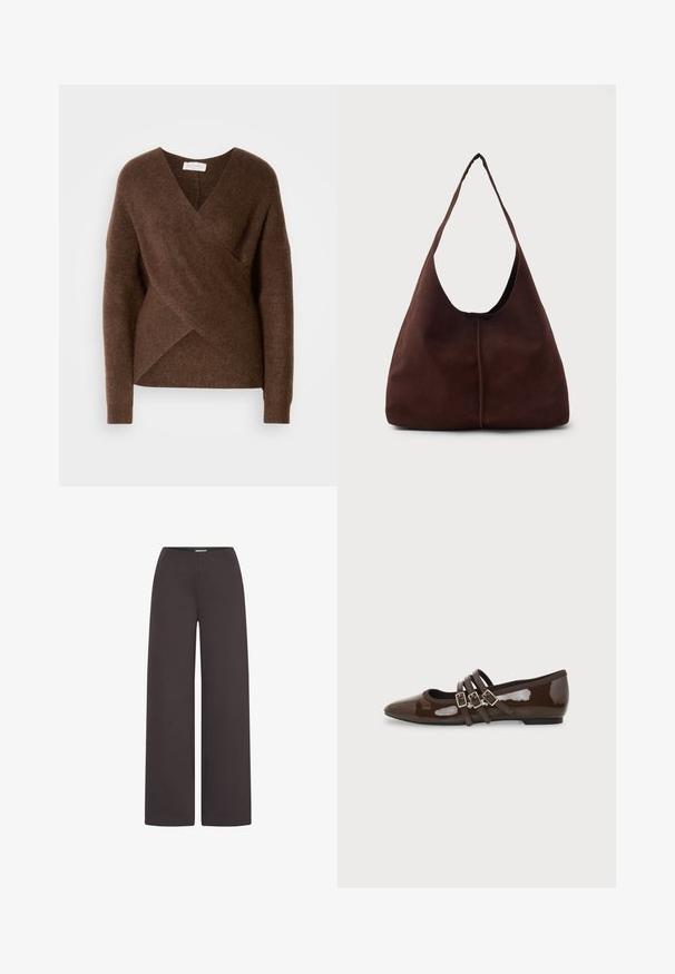 Suéter envolvente de punto marrón con diseño de escote en V, mangas largas y una textura acogedora. Presenta un dobladillo asimétrico y sin cierres visibles.; ICHI IHKATE WIDE PA2 - Pantalones - chocolate torte; Zapato plano de charol marrón con punta en forma de pico y tres correas ajustables con hebilla en el lateral, mostrado desde el perfil exterior.; Bolso hobo de ante marrón con una gran apertura curvada y una amplia correa para el hombro. Presenta una costura centrada en la parte frontal. Textura suave.