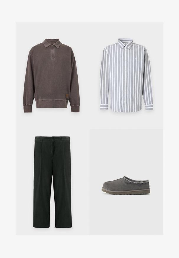 Sweat-shirt à manches longues gris foncé avec fermeture éclair quart, col, poignets et ourlet côtelés, et petite étiquette logo près de l'ourlet inférieur.; Chemise pour homme à boutons avec rayures verticales grises et blanches, manches longues, et petit logo sur la poitrine. Tissu en coton, col classique.; Pantalons larges vert foncé en coton texturé. Dotés d'une fermeture à bouton et de plis à l'avant. Coupe droite avec une taille mi-haute.; Chausson gris en daim à enfiler avec un col tricoté à motifs, un intérieur rembourré et une semelle en caoutchouc durable. Présente le logo de la marque sur le côté.