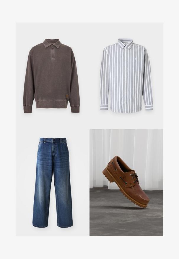 Langærmet mørkegrå pullover sweatshirt med kvart lynlås og krave, ribstrikkede manchetter og kant, samt lille logopatch nær nederste kant.; Herre skjorte med knapper, grå og hvide lodrette striber, lange ærmer og et lille logo på brystet. Bomuldsstof, klassisk krave.; Højtaljede blå denimjeans med vid benvidde, der har subtil falming, forlommer og en knaplukning i taljen.; Brun læder bådsko med sorte snørebånd, beige syninger og en robust sål, hængende over en grå betongulv.