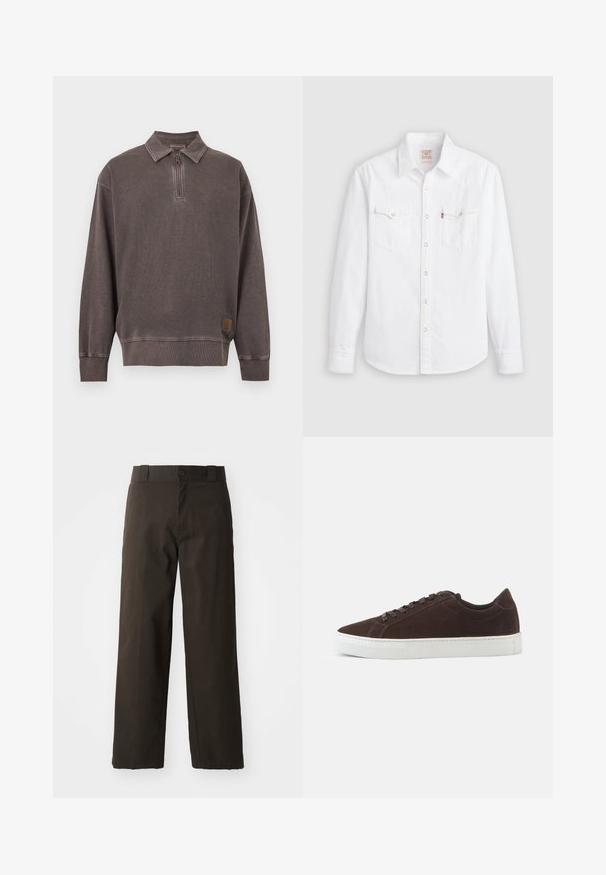 Langærmet mørkegrå pullover sweatshirt med kvart lynlås og krave, ribstrikkede manchetter og kant, samt lille logopatch nær nederste kant.; Hvid langærmet skjorte med knapper, spids krave, to brystlommer med klapper og trykknapper foran og ved manchetterne.; Sorte bomuldsbukser med et lige ben-design, der har en knaplukning og et klassisk taljehåndter. Glat tekstur, ingen mønstre eller accenter.; Mørkebrune ruskind lave sneakers med matchende snørebånd og tyk hvid gummisål, vist fra siden på en ensfarvet baggrund.