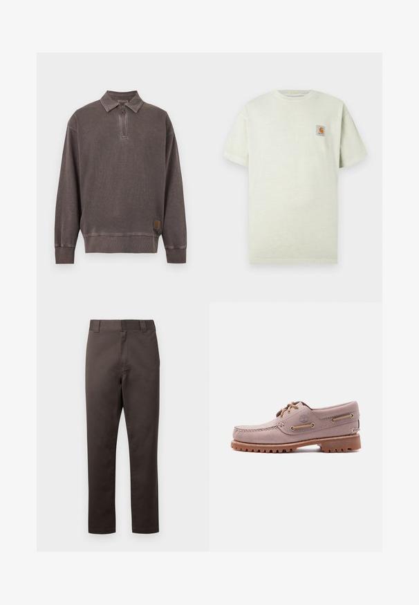 Sweat-shirt à manches longues gris foncé avec fermeture éclair quart, col, poignets et ourlet côtelés, et petite étiquette logo près de l'ourlet inférieur.; T-shirt en coton vert clair avec des manches courtes, un col rond et un petit patch carré avec un logo sur la poitrine gauche. Texture douce.; Chinos en coton marron avec une coupe droite, poches avant, passants pour ceinture, et une texture lisse. Aucun motif ou accent visible.; Chaussure bateau en cuir marron clair avec surpiqûres sur le bout mocassin, lacets en cuir, logo Timberland et semelle en caoutchouc résistante, présentée sur fond blanc.