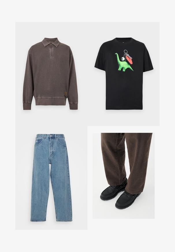 Langærmet mørkegrå pullover sweatshirt med kvart lynlås og krave, ribstrikkede manchetter og kant, samt lille logopatch nær nederste kant.; Sort T-shirt med et grønt dinosaurmotiv, inklusive et øje og nøgleringsdetaljer. Designet er legende og moderne, velegnet til afslappet brug.; Lyseblå denim jeans med høj talje og afslappet pasform, der har to forlommer, en baglomme og knaplukning.; Sorte lædersko med glat finish, rundet tå og snøredesign, kombineret med teksturerede brune bukser. Set fra gulvniveau.