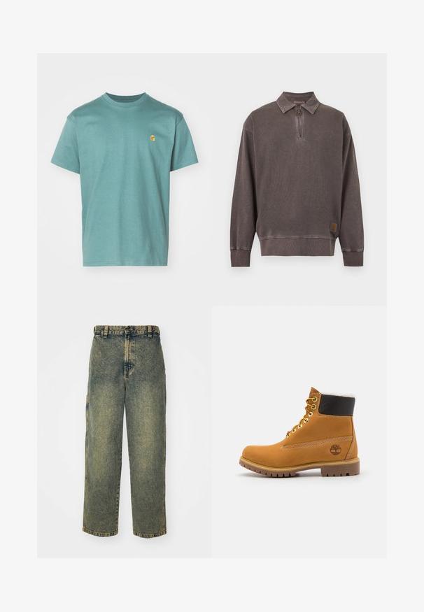 Donkergrijze pullover trui met lange mouwen, kwart ritssluiting en kraag, geribde boorden en zoom, en een klein logoplaatje bij de onderzoom.; Katoenen T-shirt in teal, korte mouwen, ronde halslijn, met een klein geel logo op de linkerborst. Gestructureerde stof met een gladde afwerking.; Baggy denim jeans in een vervaagde blauwe en groene was. Heeft een knoopsluiting, riemlussen en zijzakken. Vlakke voorkant en rechte pijpen.; Bruine leren enkellaars met metalen oogjes, witte faux bont voering, zwarte gewatteerde kraag, robuuste zool en een reliëflogo aan de zijkant.