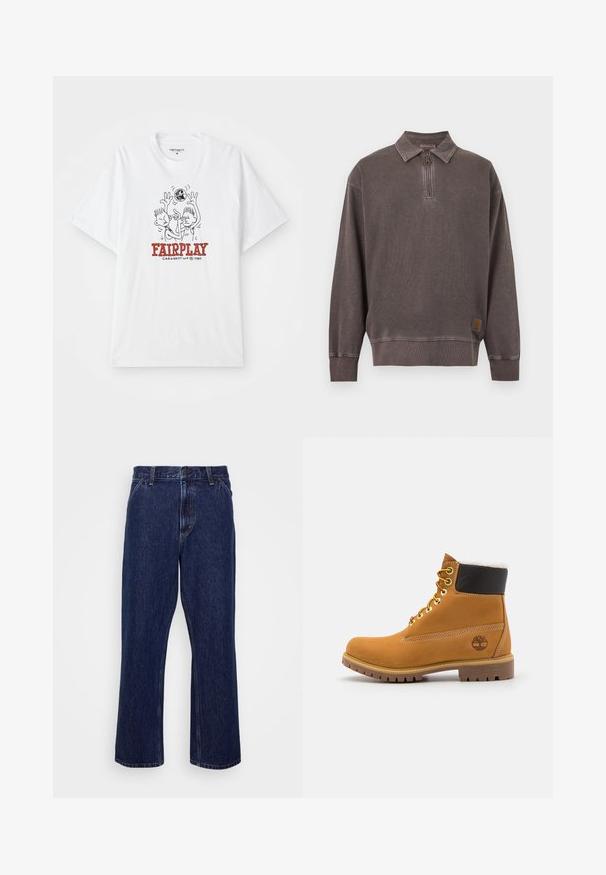 Donkergrijze pullover trui met lange mouwen, kwart ritssluiting en kraag, geribde boorden en zoom, en een klein logoplaatje bij de onderzoom.; Witte katoenen t-shirt met een cartoonafbeelding van twee figuren die basketbal spelen, met "FAIRPLAY" in rode tekst onder het ontwerp.; Donkerblauwe denim jeans met een recht-uitlopende pasvorm, voorzien van een knoopsluiting, vijf zakken en subtiele stikseldetails.; Bruine leren enkellaars met metalen oogjes, witte faux bont voering, zwarte gewatteerde kraag, robuuste zool en een reliëflogo aan de zijkant.