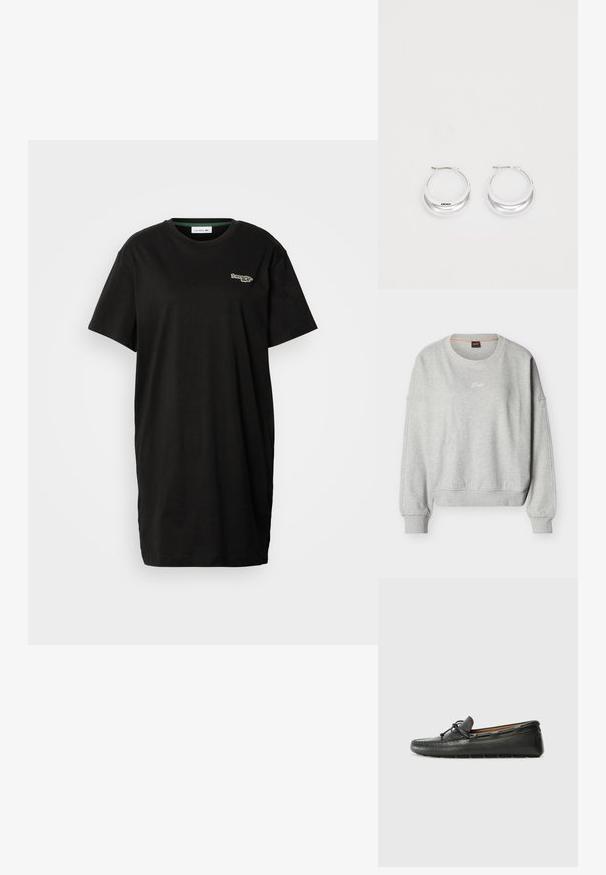 Sweat-shirt à col rond gris clair avec poignets et ourlet côtelés, arborant un petit logo blanc "Boss" centré sur la poitrine.; Robe T-shirt noire à manches courtes avec col rond et petit logo Lacoste sur le côté gauche de la poitrine.; Bateau en cuir noir avec un bout arrondi, des détails de couture, un petit accent en nœud et une semelle en caoutchouc. Texture lisse et design épuré.; Boucles d'oreilles en argent avec une finition polie et un branding DKNY, présentées sur un fond blanc uni.