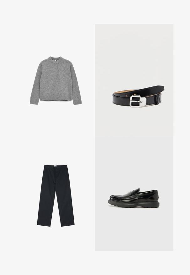 Suéter gris de punto con cuello redondo, mangas largas, puños y dobladillo acanalados, y una textura suave.; Pantalones de algodón negros con un diseño de pierna recta, con cierre de botón y una cinturilla sencilla. Sin patrones ni acentos adicionales.; Mocasín de cuero negro con un acabado brillante, punta redondeada, detalles de costura sutiles y una suela de goma gruesa para mayor durabilidad.; Cinturón de cuero negro con una hebilla rectangular plateada brillante, que presenta una superficie lisa y múltiples orificios de ajuste a lo largo de su longitud.
