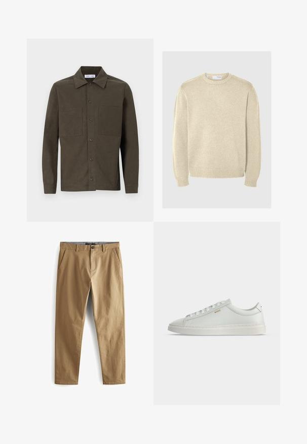 Lys beige striktrøje med rund halsudskæring, lange ærmer, ribbede manchetter og kant. Glat tekstur med et mellemtykt mønster.; Mørkegrøn, langærmet skjorte lavet af glat stof, med spidse kraver, frontknapper og to brystlommer.; Next STRETCH - Bukser - dark sand; Hvid lavtop lædersneakers med snørebånd, flad sål og lille gyldent "BOSS" logo på siden, set fra ydersiden.