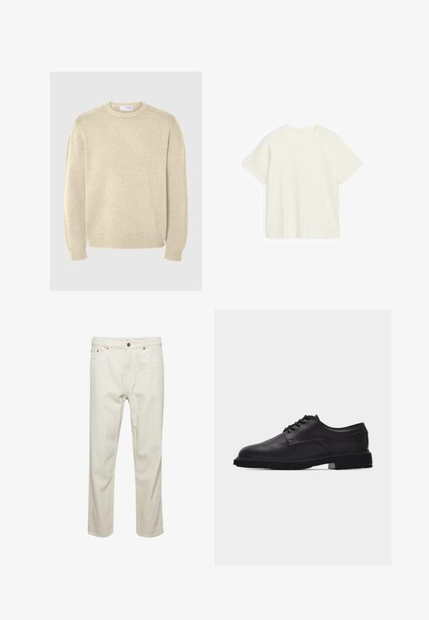 Suéter de punto beige claro con cuello redondo, mangas largas, puños y dobladillo acanalados. Textura suave con un patrón de grosor medio.; Camiseta de algodón de manga corta en color blanco roto, con cuello redondo, colocada plana sobre un fondo blanco.; Pantalones de algodón beige con corte recto, cinco bolsillos, cierre de botón y detalles de costura sutiles. Textura uniforme sin patrones visibles.; Zapato de vestir para hombre de cuero negro con cordones, acabado liso y suela gruesa de goma, mostrado de perfil sobre fondo blanco.