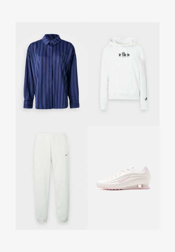 Helehall kapuutsiga pusa pehmest kangast, millel on esiküljel suur must "nike" logo ja vasakul varrukal väike logo.; Tumesinise triibuline särk krae, rinna tasku ja pikkade varrukatega. Valmistatud siledast, läikivast kangast, millel on vabalt langev lõige.; Heledatad hallid Nike dressipüksid elastse vöökohaga, kitsenevate mansettidega ja väikese musta logoga vasakul reiel. Pehme, tekstuuriga kangas.; Valge ja heledaroosa madala säärega spordijalats tekstureeritud pealispinna, roosa Nike Swoosh logoga ja läbipaistva kannatugedega.