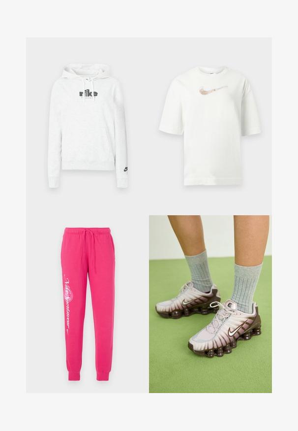 Lysegrå hættetrøje i blødt stof med en stor sort "nike"-logo på forsiden og et lille logo på venstre ærme.; Hvid T-shirt med korte ærmer og en metallisk roseguld Nike swoosh-logo centreret på brystet mod en lys grå baggrund.; Lyserøde sweatpants lavet af blødt stof, med snor i taljen, tapered cuffs og hvid grafisk tekst på venstre ben.; Nike sneakers i lys pink og brun, med en tekstureret overdel, lagdelt design og en polstret sål med synlige luftenheder.