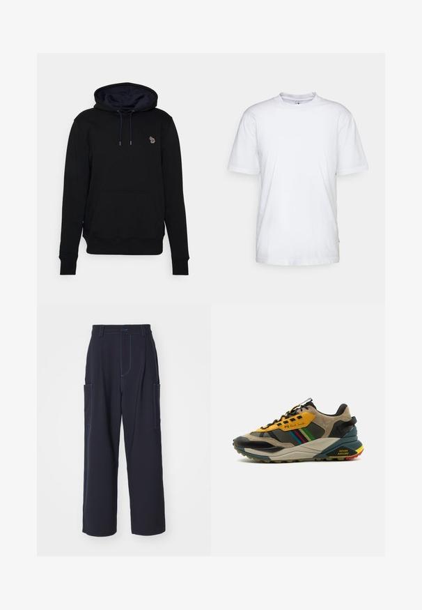 Sweatshirt à capuche noir en coton avec une poche avant, dotée d'un petit logo brodé sur la poitrine et de cordons de serrage de couleur contrastante.; T-shirt en coton blanc avec un col rond, des manches courtes et un ourlet droit. Présente une petite étiquette de marque sur la couture latérale gauche.; Pantalons cargo navy avec coutures bleues, ceinture élastique, deux poches latérales, coupe droite et texture de tissu douce.; Baskets multicolores à mélange de matériaux en daim et en mesh, avec un schéma de couleurs jaune et noir, des semelles texturées et des accents latéraux.