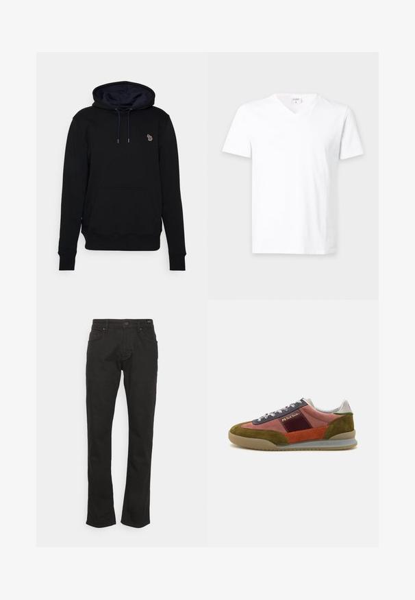 Schwarzer Kapuzenpullover aus Baumwolle mit einer Vordertasche, versehen mit einem kleinen gestickten Logo auf der Brust und einem Kordelzug in kontrastierender Farbe.; Schlichtes weißes Kurzarm-V-Neck-T-Shirt mit kleinem sichtbarem Markenzeichen innen im Kragenbereich auf neutralem Hintergrund.; JOOP! Jeans MITCH - Jeans Straight Leg - black; PS Paul Smith DOVER - Sneaker low - pink