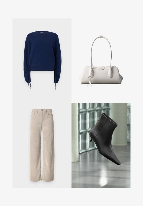 Marineblauwe gebreide trui met een geribbelde textuur, ronde halslijn en lange mouwen. Heeft verstelbare zijknoopjes en een cropped lengte.; Beige corduroy wijde broek met verticale strepen, voorzien van een knoopsluiting en voorkruiden. Zacht, gestructureerd materiaal met een relaxte pasvorm.; Zwarte leren enkellaars met puntige neus en lage hak, afgebeeld tegen een glazen blokkenmuur en gepolijste vloer op de achtergrond.; Witte Calvin Klein schoudertas met lange hengsels, rechthoekige vorm, ritssluiting en decoratieve logohanger bij het hengsel.
