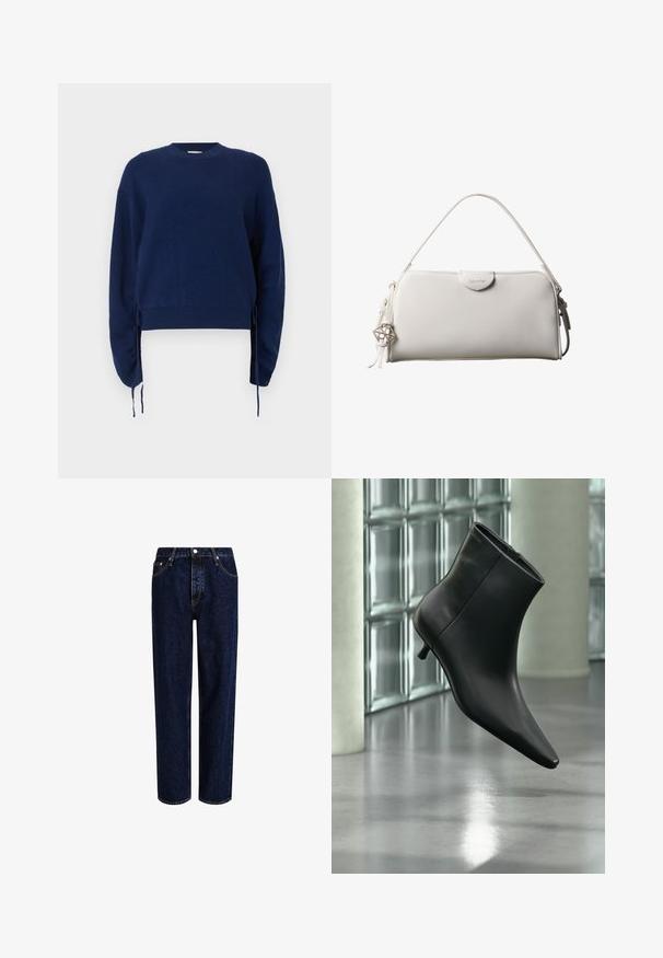Navyblauer Strickpullover mit gerippter Textur, Rundhalsausschnitt und langen Ärmeln. Verfügt über verstellbare seitliche Bindebänder und cropped Länge.; Dunkelblaue Denim-Jeans mit geradem Bein, hoher Taille, fünf Taschen und kontrastierenden Nähten. Ohne Verzierungen.; Schwarzer Leder-Stiefelette mit spitzer Zehenpartie und niedrigem Kitten-Heel, schräg dargestellt vor einem polierten Boden und einer Glasbausteinwand.; Weiße rechteckige Calvin Klein Handtasche mit einem einzelnen Henkel, minimalistischem Design und dekorativen Quasten mit geometrischem Metallanhänger an der Seite.