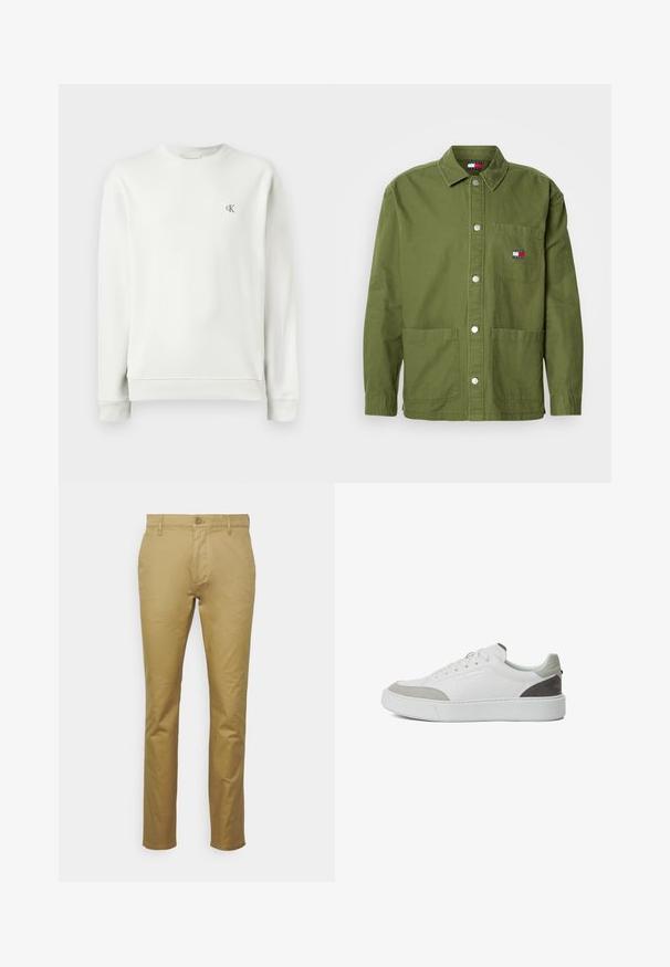 Sweatshirt gris clair à col rond en tissu lisse, avec des poignets et un ourlet côtelés, arborant un petit logo brodé sur la poitrine.; Veste en coton vert olive avec boutons pression, un col, des poches frontales et un logo en patch sur la poche poitrine. Tissu texturé, coupe décontractée.; Chino kaki en coton lisse, avec un design classique à jambe droite, une poche avant et une fermeture à un bouton à la taille.; KARL LAGERFELD SNEAKER MAXI KUP - Baskets basses - white grey