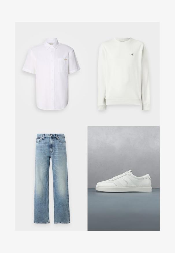 Sudadera de cuello redondo en gris claro, hecha de una tela suave, con puños y dobladillo acanalados, y un pequeño logo bordado en el pecho.; Camisa blanca de manga corta con botones, hecha de tela ligera, que presenta un bolsillo en el pecho y un sutil detalle de logo. Textura suave y cuello clásico.; Vaqueros de mezclilla azul claro de corte recto con cintura alta, cinco bolsillos, cierre de botón y sutil desgaste en los muslos y las rodillas.; Zapatilla baja blanca con detalle de cordones, paneles de cuero texturizado y un sutil logotipo en el costado, sobre un fondo claro y liso.