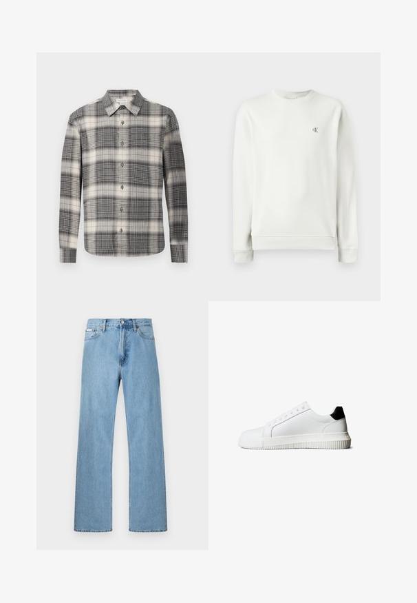 Lys grå crew neck sweatshirt lavet af glat stof, med ribbekanter ved ærmerne og nederdelen, samt et lille broderet logo på brystet.; Langærmet ternet skjorte i sort og creme. Har knaplukning foran, klassisk krave og varierende ternede mønster. Blødt stof.; Lyseblå straight-leg jeans i denim med fem-lomme-design og knaplukning i taljen, vist mod en ensfarvet baggrund.; Hvide lædersneakers med sort hælkappe, flade snørebånd, rundet tå og en ribbet gummisål for godt greb.