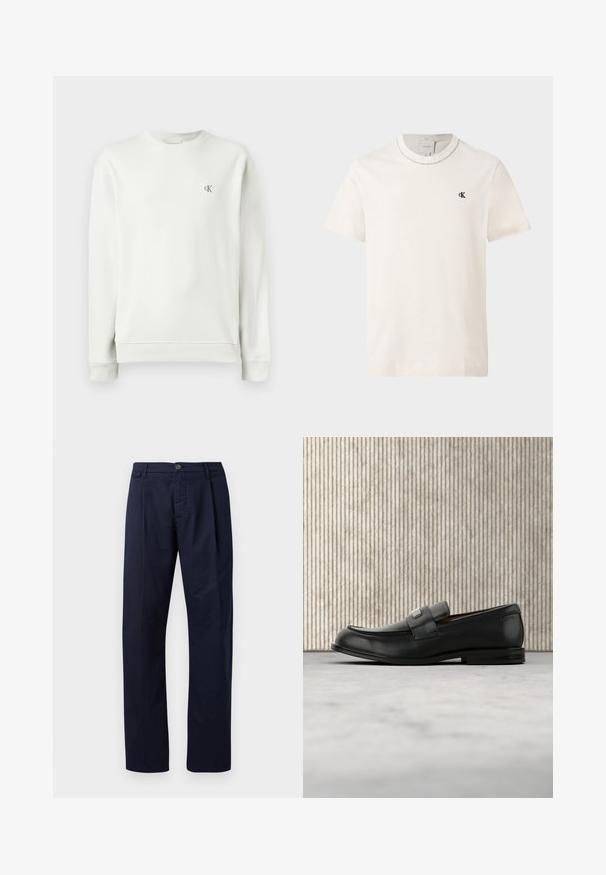 Sudadera de cuello redondo en gris claro, hecha de una tela suave, con puños y dobladillo acanalados, y un pequeño logo bordado en el pecho.; Camiseta Calvin Klein de manga corta color marfil con cuello redondo y pequeño logo negro "cK" en el lado izquierdo del pecho.; Pantalones azul marino hechos de una tela con textura suave, con piernas rectas, cierre de botón y un solo pliegue delantero.; Mocasín de cuero negro con una placa metálica de marca apoyado cerca de una mesa redonda marrón sobre un suelo alfombrado beige.
