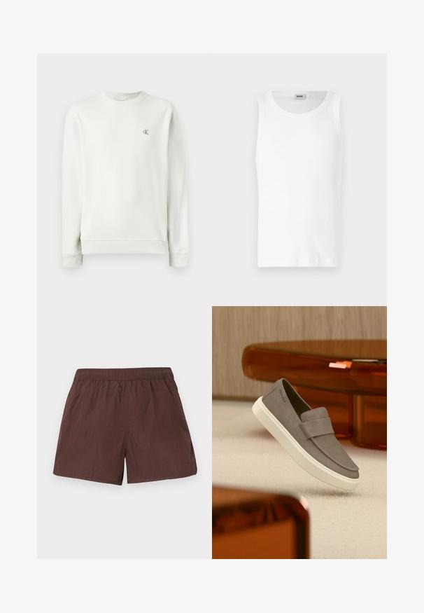 Hellgraues Crewneck-Sweatshirt aus glattem Stoff, mit gerippten Bündchen und Saum, sowie einem kleinen gestickten Logo auf der Brust.; Weißes Baumwoll-Tanktop ohne Ärmel mit Rundhalsausschnitt und glatter Textur. Einfaches Design, ohne Muster oder Akzente.; Braune elastische Taillenshorts mit einfacher, glatter Struktur und Seitentaschen, flach auf hellem Hintergrund dargestellt.; Grauer Slip-On-Schuh aus Wildleder mit weißer Sohle, der über einem beigen Teppich schwebt, im Hintergrund durchscheinende orangefarbene Möbel.