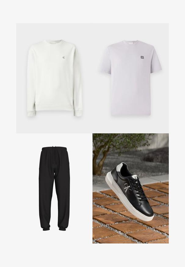 Hellgraues Crewneck-Sweatshirt aus glattem Stoff, mit gerippten Bündchen und Saum, sowie einem kleinen gestickten Logo auf der Brust.; Hellblau-lilafarbenes T-Shirt mit kurzen Ärmeln aus Baumwolle, Rundhalsausschnitt und einem kleinen dunklen Logo-Patch auf der linken Brust. Glatte Textur.; Schwarze locker sitzende Jogginghose mit elastischem Bund und Bündchen, mit verstellbarem Kordelzug in der Taille.; Schwarze Leder-Sneaker mit weißer Gummisohle, featuring Schnürdesign und Logodetail an der Seite. Der Hintergrund umfasst Stein- und Holztexturen.