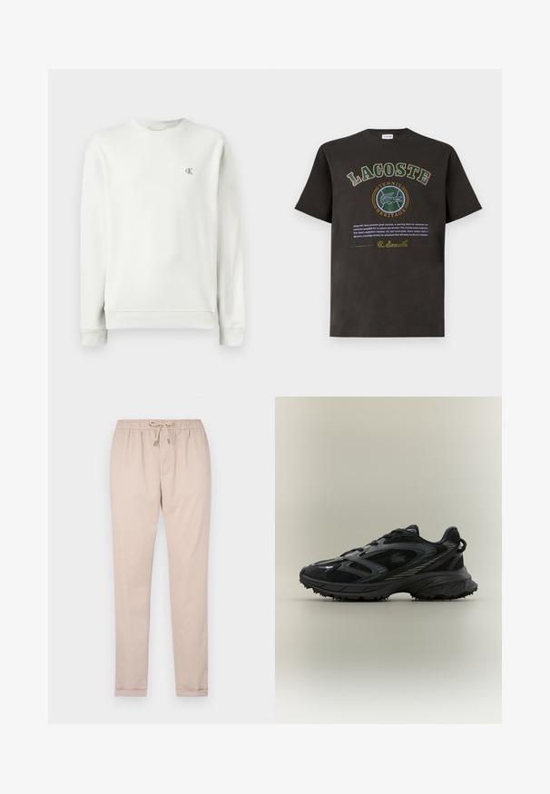 Sudadera de cuello redondo en gris claro, hecha de una tela suave, con puños y dobladillo acanalados, y un pequeño logo bordado en el pecho.; Camiseta de algodón negra con un gráfico circular en verde y amarillo, con el texto "LACOSTE" y "HERENCIA DEL TENIS" en letras en negrita.; Pantalones beige claros hechos de tejido suave, con una cinturilla elástica con cordón, piernas ajustadas y dobladillos acampanados.; Zapatilla deportiva negra con paneles de malla, suela texturizada, cordones y una silueta curvada con acentos plateados en los laterales.