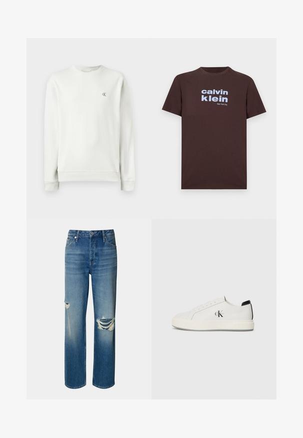 Lichtgrijze sweatshirt met ronde hals, gemaakt van gladde stof, met ribgebreide manchetten en zoom, en een klein geborduurd logo op de borst.; Bruine katoenen T-shirt met korte mouwen, bedrukt met lichtblauwe tekst: "calvin klein" en "New York City." Eenvoudig ontwerp met een ontspannen pasvorm.; Lichtblauwe denim jeans met een hoge taille, rechte pijpen en versleten scheuren op beide knieën. Voorzien van het klassieke vijf-pocket ontwerp en een knoopsluiting.; Witte leren sneakers met een ronde neus, platte rubberen zool en zwarte hielaccent. Voorzien van een prominent zwart Calvin Klein-logo aan de zijkant.