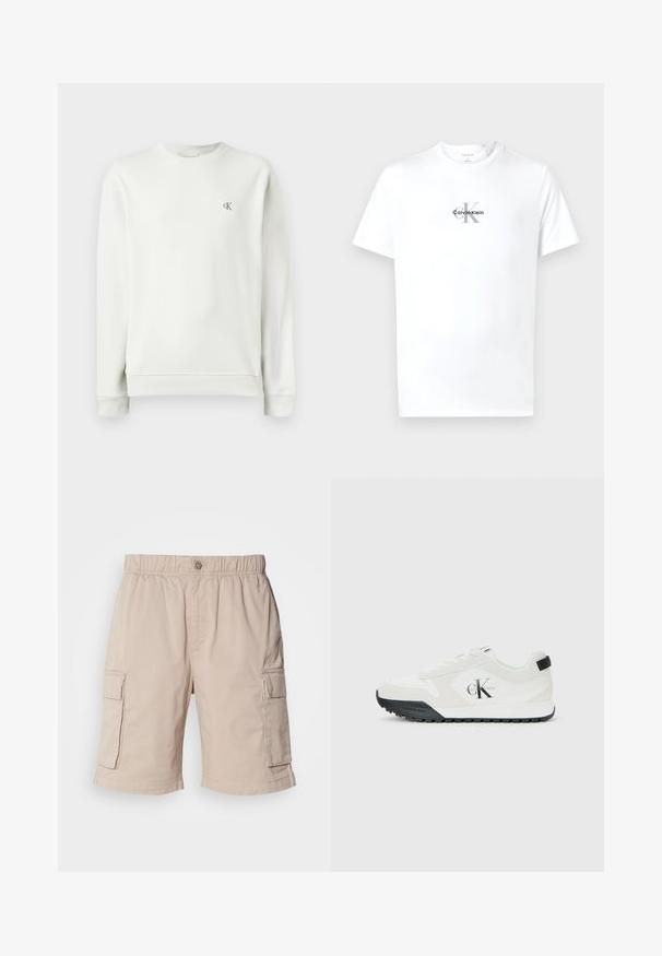 Hellgraues Crewneck-Sweatshirt aus glattem Stoff, mit gerippten Bündchen und Saum, sowie einem kleinen gestickten Logo auf der Brust.; Weißes Kurzarm-T-Shirt mit Rundhalsausschnitt und dem Logo "cK Calvin Klein" in Schwarz und Grau, zentriert auf der Brust.; Beige Cargo-Shorts mit elastischem Bund, Knopfverschluss, zwei Seitentaschen und zusätzlichen Taschen an den Oberschenkeln. Leichter Stoff.; Weiße Calvin Klein Sneaker mit schwarzem Sohle, Wildleder- und Mesh-Einsätzen, CK-Logo an der Seite sowie Calvin Klein-Branding an Ferse und Sohle.