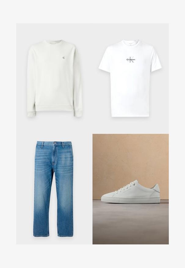 Hellgraues Crewneck-Sweatshirt aus glattem Stoff, mit gerippten Bündchen und Saum, sowie einem kleinen gestickten Logo auf der Brust.; Weißes Kurzarm-T-Shirt mit Rundhalsausschnitt und dem Logo "cK Calvin Klein" in Schwarz und Grau, zentriert auf der Brust.; Hellblaue Denim-Jeans mit geradem Schnitt, fünf Taschen, Knopfverschluss und dezentem Ausbleichen auf der Vorderseite. Keine sichtbaren Muster.; Weißer Leder-Sneaker mit niedrigem Schaft und Schnürsenkeln, schwebend über einem strukturierten beigen Teppich, nahe einem runden Couchtisch aus Holz mit Büchern.