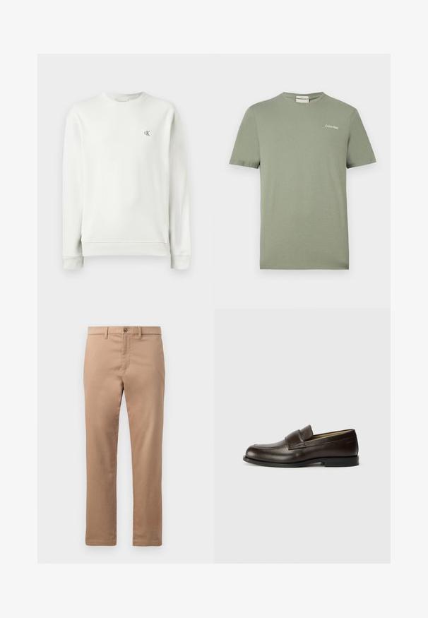 Sweatshirt gris clair à col rond en tissu lisse, avec des poignets et un ourlet côtelés, arborant un petit logo brodé sur la poitrine.; T-shirt Calvin Klein vert olive à manches courtes, col rond, avec petit logo sur le côté gauche de la poitrine.; Chinos beige en coton avec une texture lisse, dotés d'une fermeture éclair et d'un bouton. Design à jambe droite, sans motifs ni accents visibles.; Calvin Klein Chaussons - cocoa brown